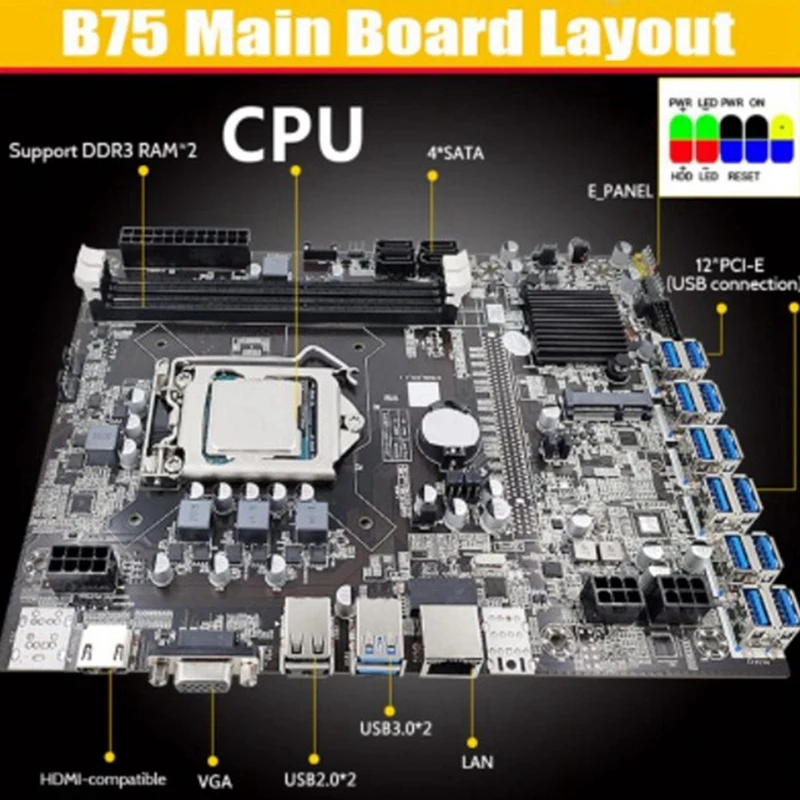 B75 BTC Kaevandamine Motherboard12pcie USB LGA1155 Koos G620 CPU+SATA Kaabel+6Pin Dual 8Pin Kaabel B75 ETH Kaevandaja Kaevandamine 5