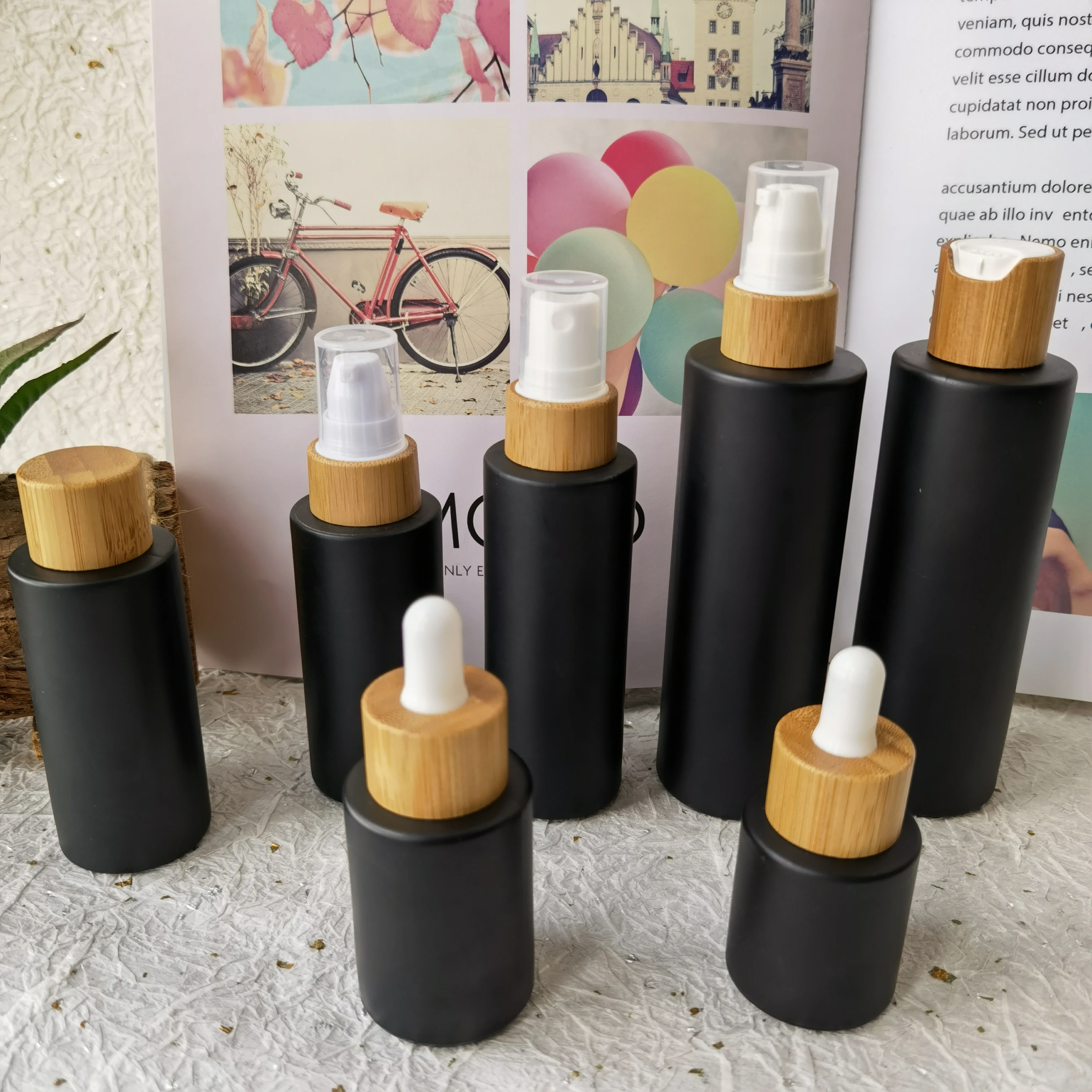 Tühi Meik Jäätunud Must Klaas Emulsioon Pudelid Bambuse Kaas 20 ml-80ml Naha Hooldus Pakendi Viaali Spray Pudelit Parfüümi 5