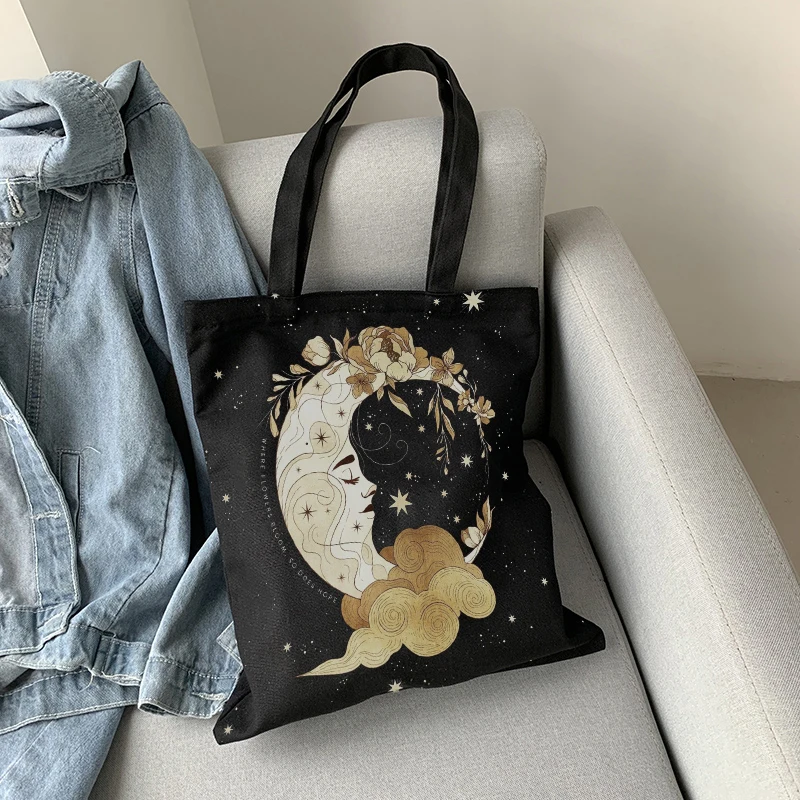Retro Moon Art Kott Naiste Igapäevane Casual Shopping Must Ühe Õla Lõuend Kott Mehed Naised ECO Toidukaubad Kott, Lukuga 0