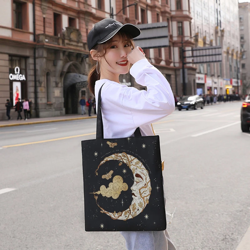 Retro Moon Art Kott Naiste Igapäevane Casual Shopping Must Ühe Õla Lõuend Kott Mehed Naised ECO Toidukaubad Kott, Lukuga 1