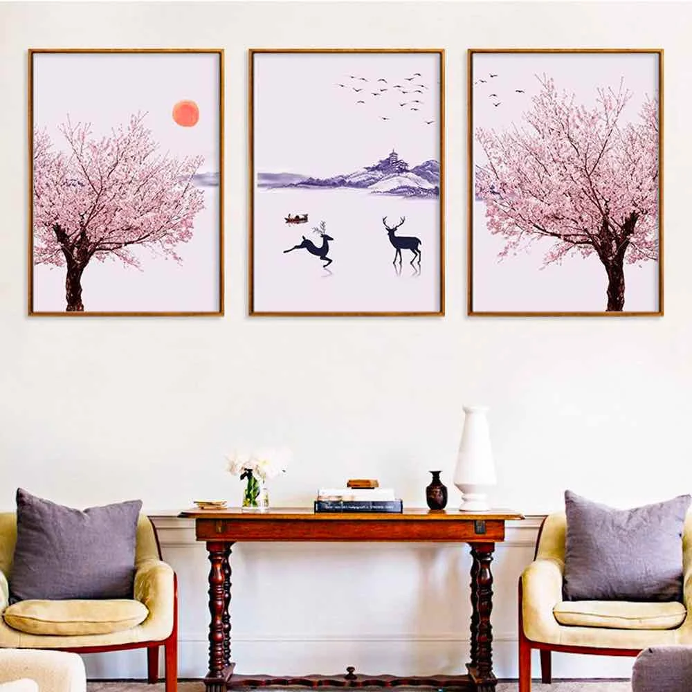 HAOCHU Pehme Tuul Hirv Sakura Lõuendile Maali elutoas Home Decor Maali Prindi Plakat Lihtne Põhjamaade Seina Pilt 0