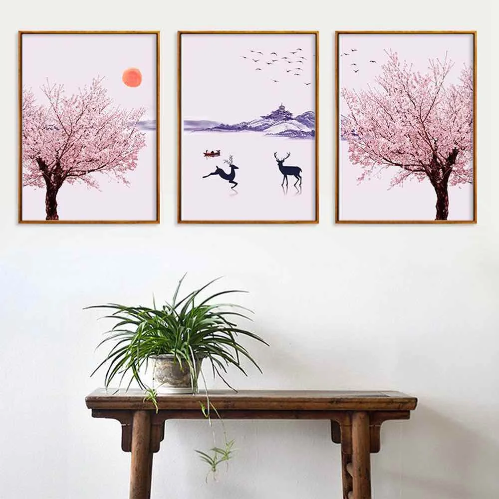 HAOCHU Pehme Tuul Hirv Sakura Lõuendile Maali elutoas Home Decor Maali Prindi Plakat Lihtne Põhjamaade Seina Pilt 1