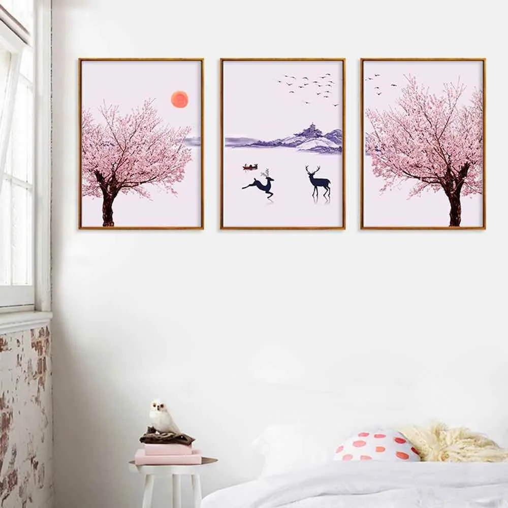 HAOCHU Pehme Tuul Hirv Sakura Lõuendile Maali elutoas Home Decor Maali Prindi Plakat Lihtne Põhjamaade Seina Pilt 2