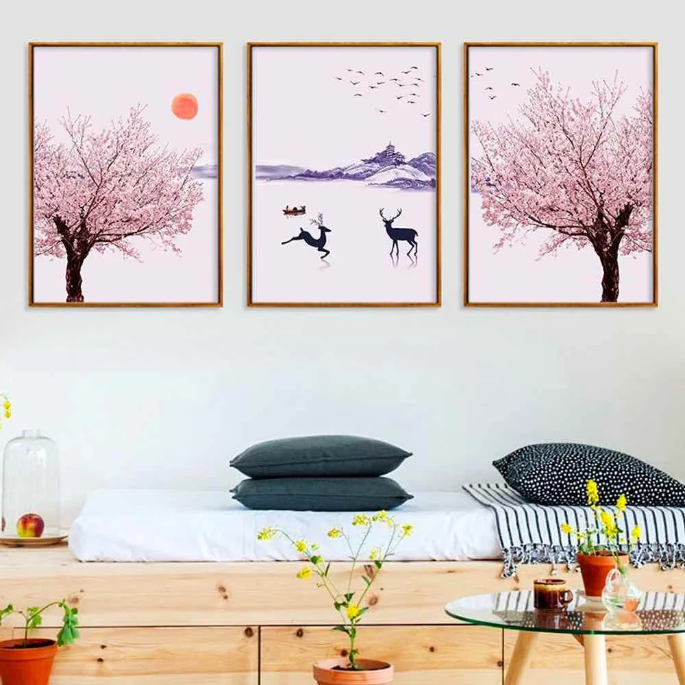 HAOCHU Pehme Tuul Hirv Sakura Lõuendile Maali elutoas Home Decor Maali Prindi Plakat Lihtne Põhjamaade Seina Pilt 3
