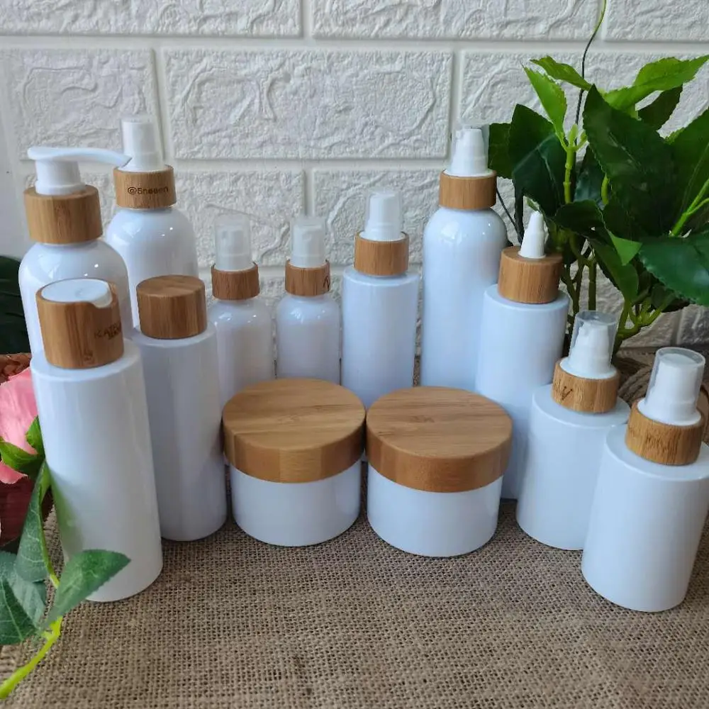 Custom Pakendi Plastikust Kosmeetika Tühi Pump Pudel Spray bambuse kaane kork 60ml 120ml 150ml 250ml naha hooldus pakkimine 5