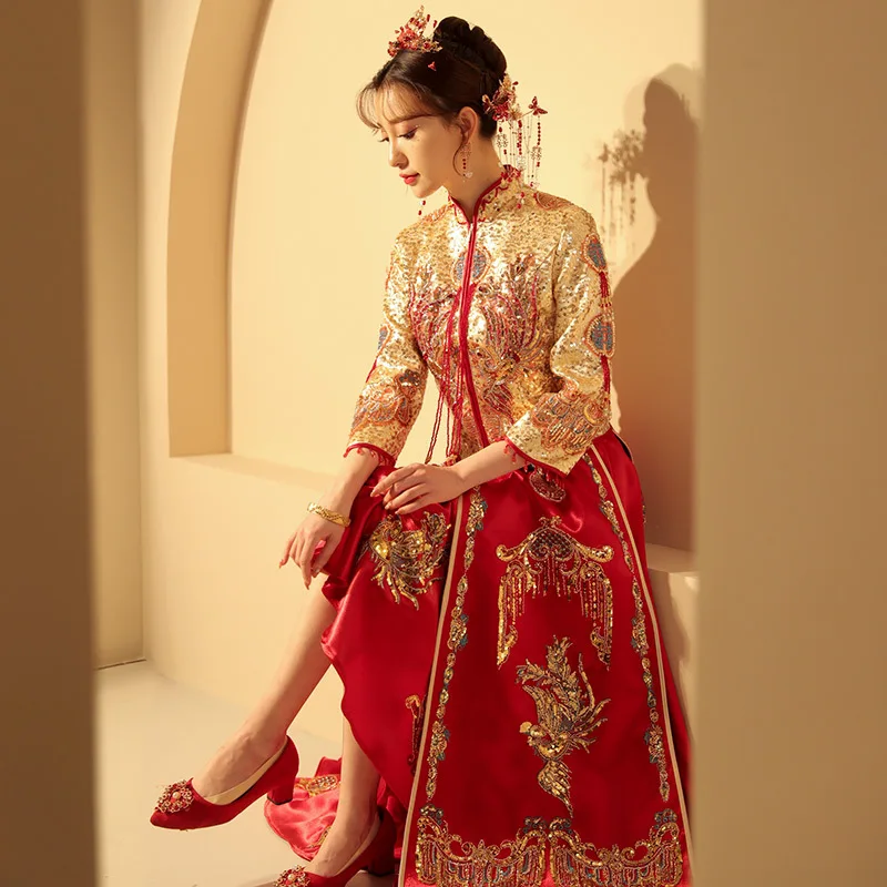 Pruut Vintage Phoenix Tikandid Qipao Hiina Traditsiooniline Pulm Cheongsam Sädelevat Peen Litrid Kleit китайская одежда 0