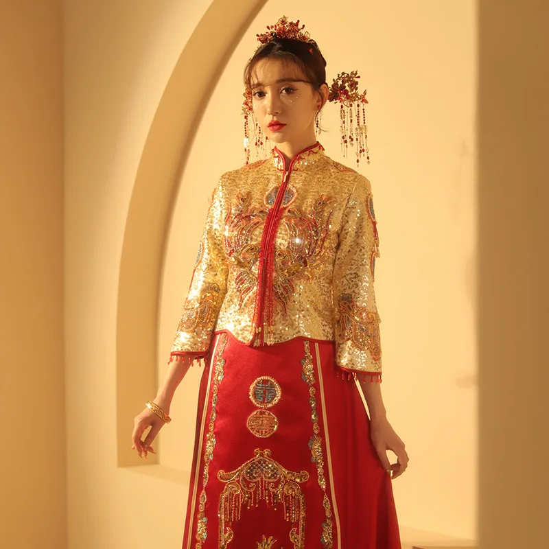 Pruut Vintage Phoenix Tikandid Qipao Hiina Traditsiooniline Pulm Cheongsam Sädelevat Peen Litrid Kleit китайская одежда 4