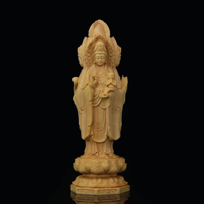 Pukspuu 20cm Guanyin Skulptuur Puit Buddha Kuju Kolm Nägu Guan Yin Poiss Home Decor 1
