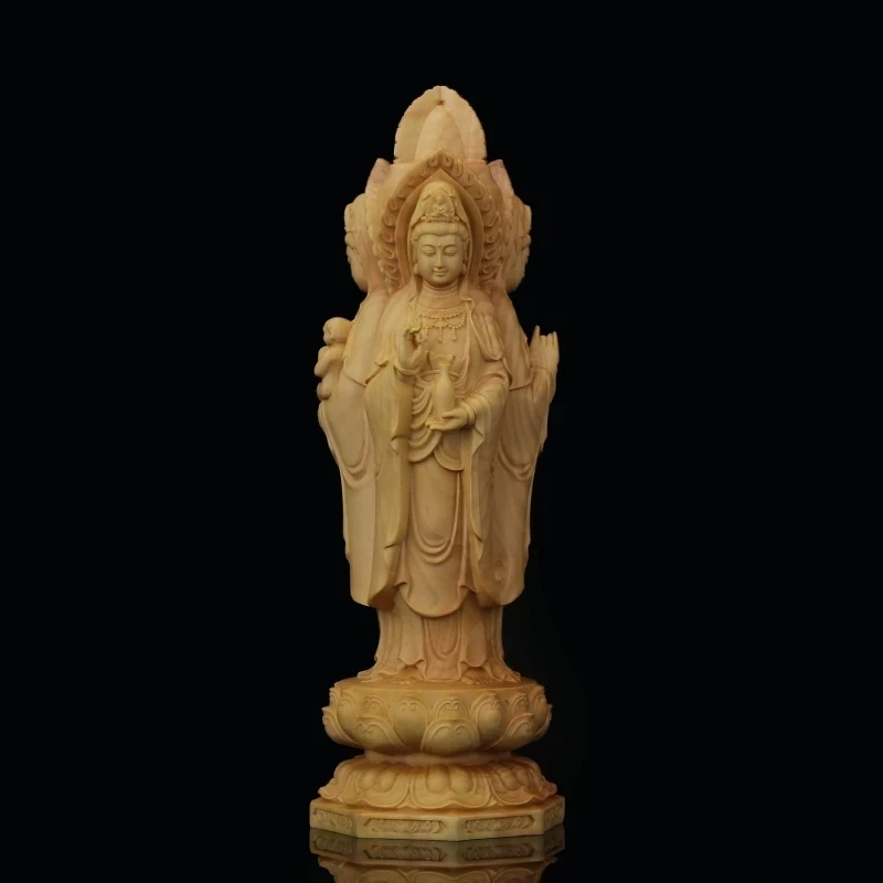 Pukspuu 20cm Guanyin Skulptuur Puit Buddha Kuju Kolm Nägu Guan Yin Poiss Home Decor 2