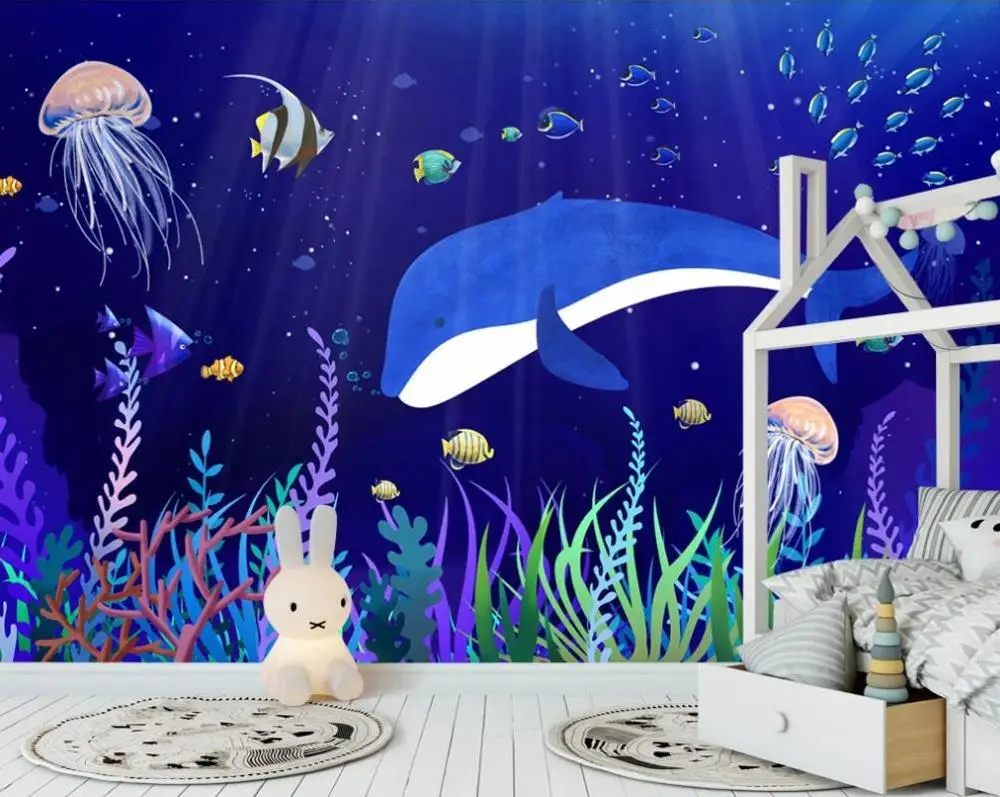 Kohandada 3D-seinamaaling tapeet Põhjamaade lihtne käsitsi maalitud cartoon mereloomad ja vaalad laste tuba taust seina värvimine 3