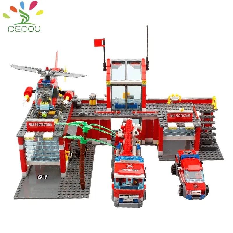 DEDOU Mänguasi City tuletõrjedepoo Veoauto Helikopter Tuletõrjuja Mini ehitusplokid Laste Haridus Mänguasjad 0
