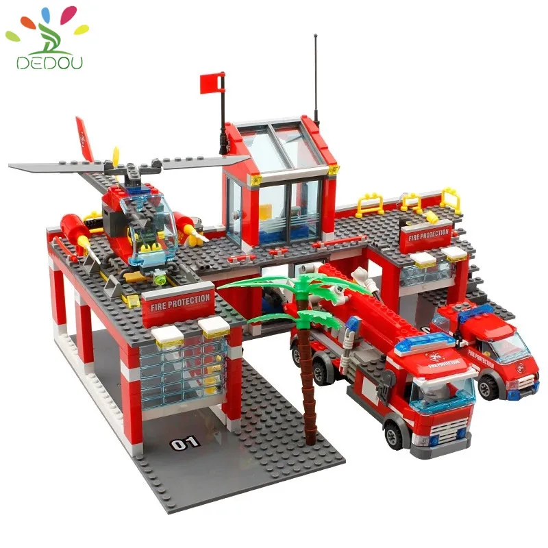 DEDOU Mänguasi City tuletõrjedepoo Veoauto Helikopter Tuletõrjuja Mini ehitusplokid Laste Haridus Mänguasjad 1