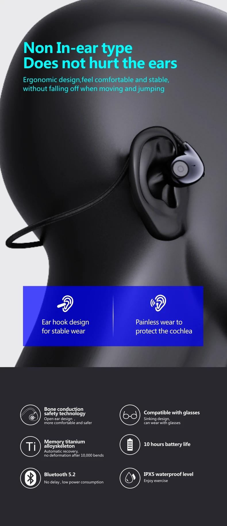 Bluetooth5.2 Kõrvaklapid Sport Traadita Peakomplekt Kõrva Konks Õhu Juhtivus Põhimõte Stereo-Kõrvaklapid Koos Mikrofoniga, 2 Paari Telefon 1