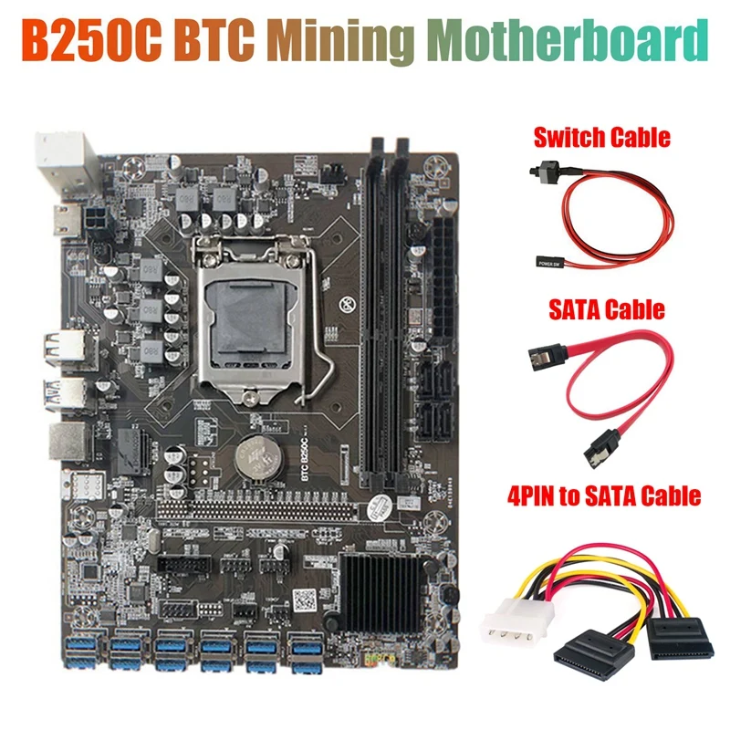 B250C Kaevandamine Emaplaadi koos 4PIN SATA Kaabel+Lüliti Kaabel+SATA Kaabel 12 PCIE, et USB3.0 GPU Pesa LGA1151 Toetada DDR4 0