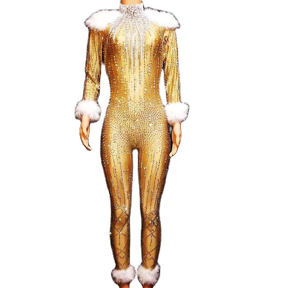 Särav Rhinestone Kuld Seksikas Naiste Jumpsuits Masti Klubi Tantsu-Etapil Kostüüm Valge Suled Partei Riided Rave Drag Queen Kanda 0