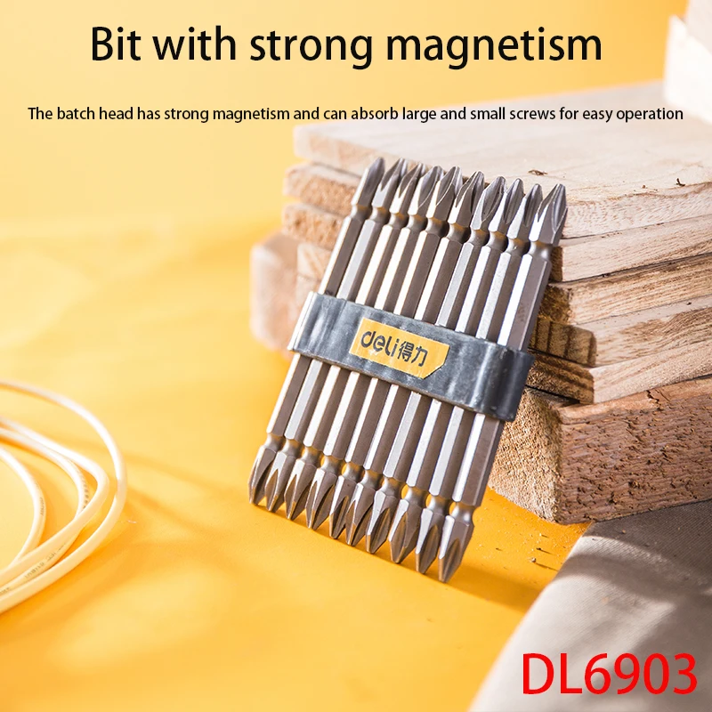 Deli DL6903 Spetsifikatsioon: PH2X65mm 6.3 mm Seeria Kruvikeeraja otsikud 10-osaline Komplekt S2 Legeeritud Teras, Materjal Natuke Tugeva Magnetism 5