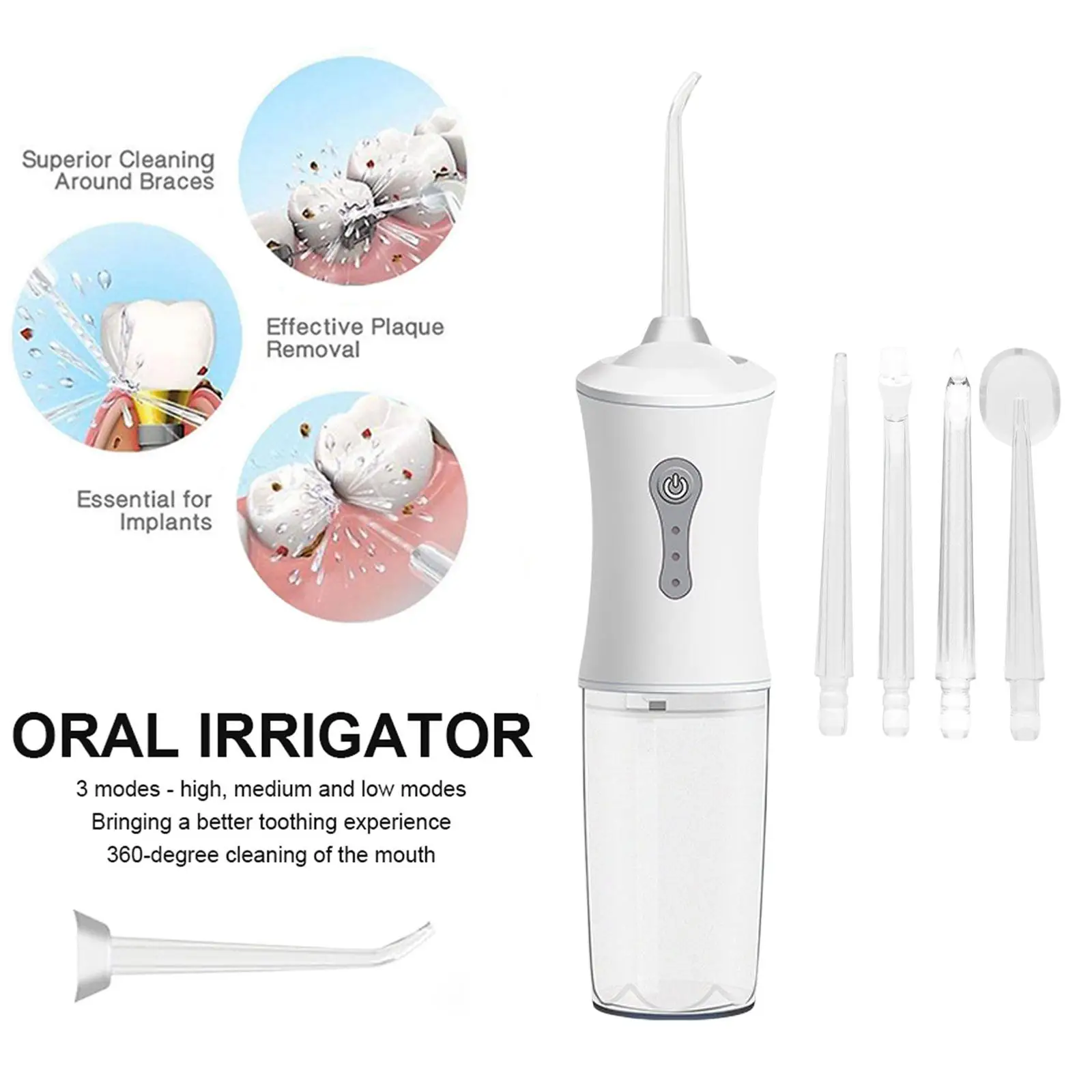 Oral Irrigator Suulise Cleaner IPX7 Veekindel 4 Düüsid Veejoa Kaasaskantav 220ml veepaak Reguleeritav Surve Professional 1