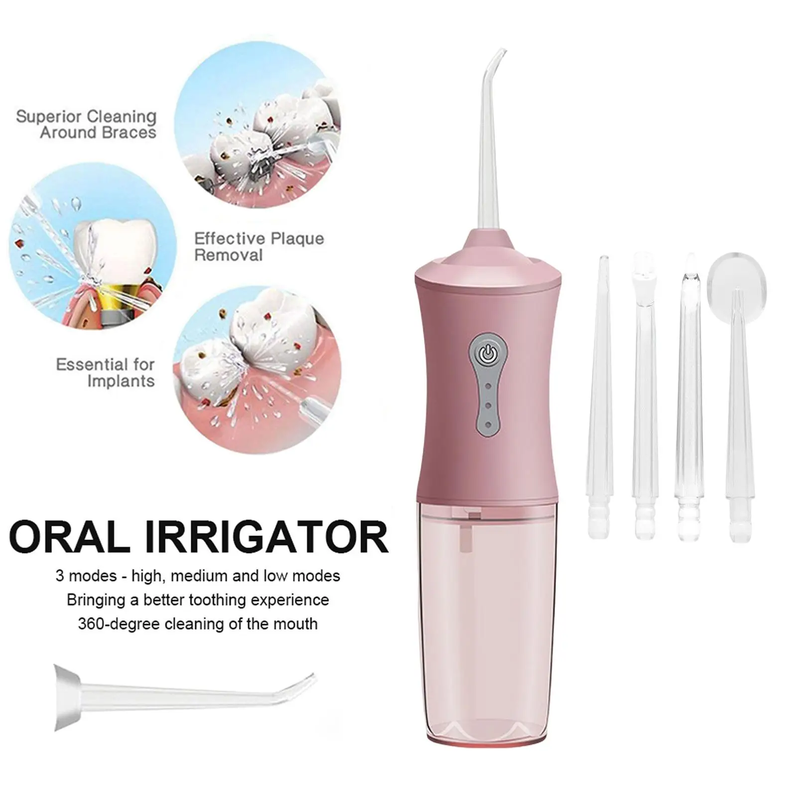 Oral Irrigator Suulise Cleaner IPX7 Veekindel 4 Düüsid Veejoa Kaasaskantav 220ml veepaak Reguleeritav Surve Professional 2