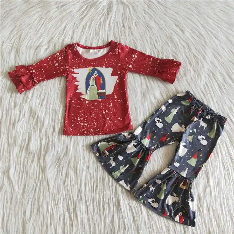 Boutique riided lastele tüdrukute riided Jõulud Jeesuse sündi tshirt tüdruk leopard printida bell bottom komplekt 5