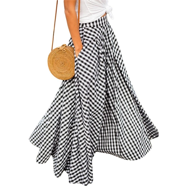 Naiste Seelikud 2021 Vintage Ruuduline Vaadata Pikk Seelik Lukuga Plisseeritud Faldas Bohemian Jupe Femme Vabaaja Taskud Maxi Seelikud 5