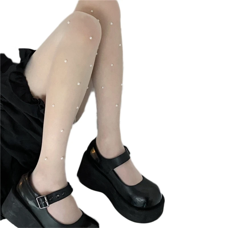 449B Jaapani Harajuku Pärlid Pärlitest Sukkpüksid Naistele Tahked Värvi Seksikas Läbi Näha Õhuke Retuusid Läbilöök Sukad Sukad 4