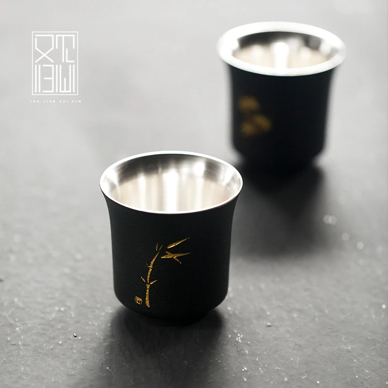 Kung Fu teacup keraamiline teacup must keraamika master tassi ühe Jaapani sterling hõbedast tee komplekt veini cup hõbetatud 0