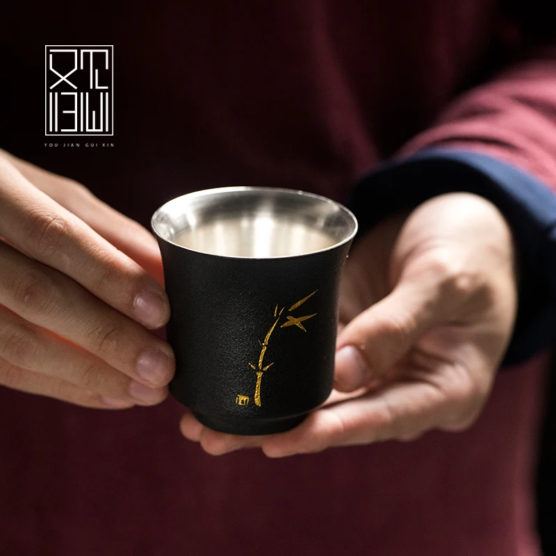 Kung Fu teacup keraamiline teacup must keraamika master tassi ühe Jaapani sterling hõbedast tee komplekt veini cup hõbetatud 2