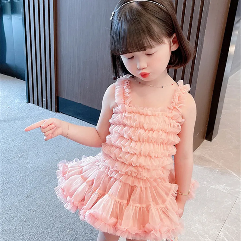 2021 Suvel 1-7Yrs Tüdrukud Võre Kook Kleit korea Fashion Varrukateta Pall Kleit Lapsed Printsess Kleit Laste Riided Sünnipäeva Kleit 0