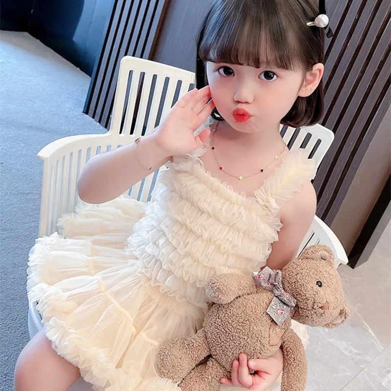 2021 Suvel 1-7Yrs Tüdrukud Võre Kook Kleit korea Fashion Varrukateta Pall Kleit Lapsed Printsess Kleit Laste Riided Sünnipäeva Kleit 3
