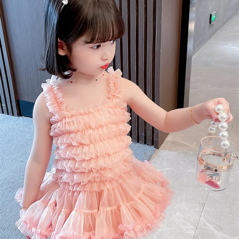 2021 Suvel 1-7Yrs Tüdrukud Võre Kook Kleit korea Fashion Varrukateta Pall Kleit Lapsed Printsess Kleit Laste Riided Sünnipäeva Kleit 5