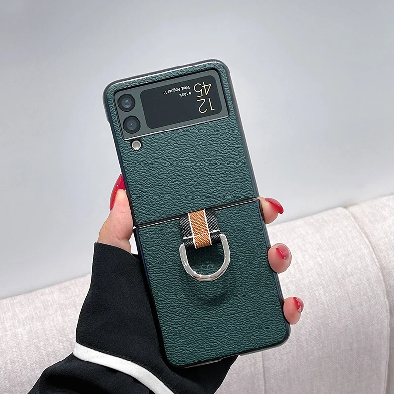 Z Flip 3 Funda Case for Samsung Galaxy Z Flip 3 Metallist Rõngas Roheline PU Nahk Coque põrutuskindel Kaitse Telefoni Juhul Katab Klapp 3 1