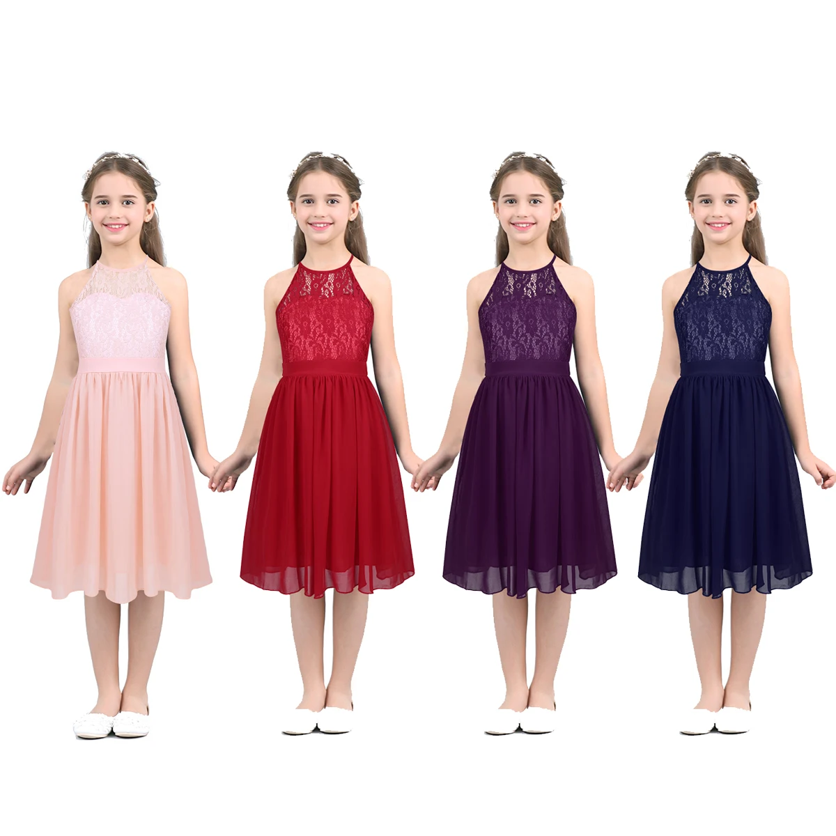 Lapsed Tüdrukud Pits Sifonki Suvine Kleit Päitsed Kaela Lille Tüdrukute Kleidid Printsess Pulmas Pruutneitsi Sünnipäeva Ametlik Kleit 5