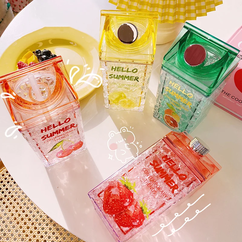 Uus Kawaii Ice Fruit Pudel Õled Mood Double Layer Külm Ice Cup Loominguline Square Piima Kasti Plastist Vee Pudelid BPA Vaba 1