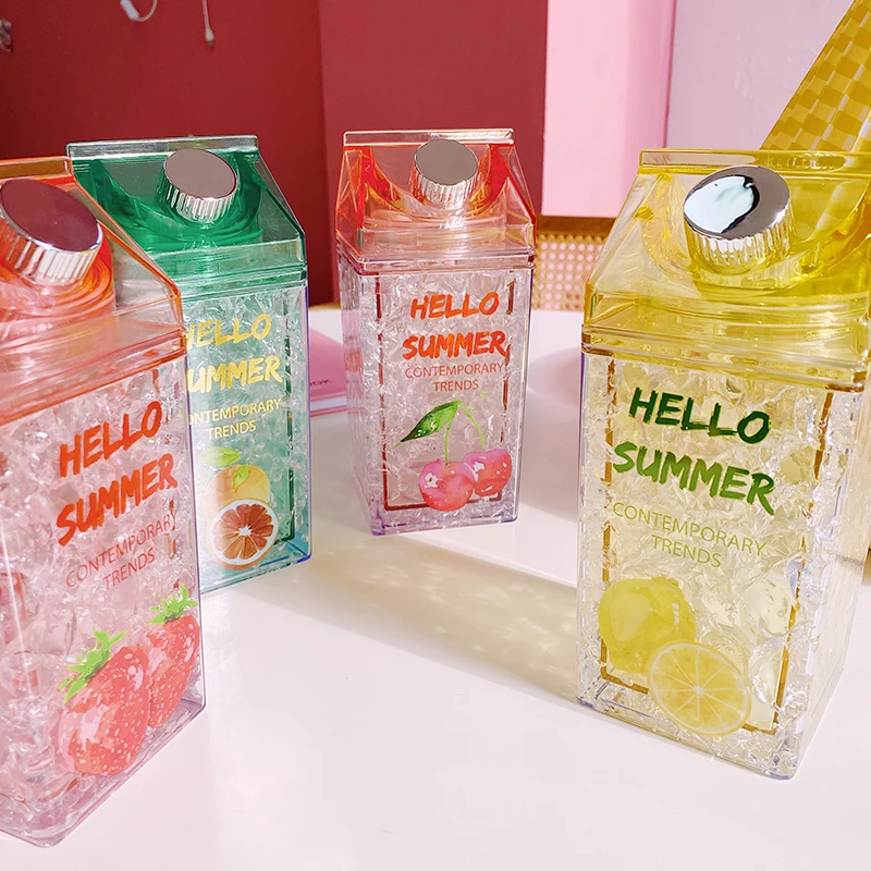 Uus Kawaii Ice Fruit Pudel Õled Mood Double Layer Külm Ice Cup Loominguline Square Piima Kasti Plastist Vee Pudelid BPA Vaba 3