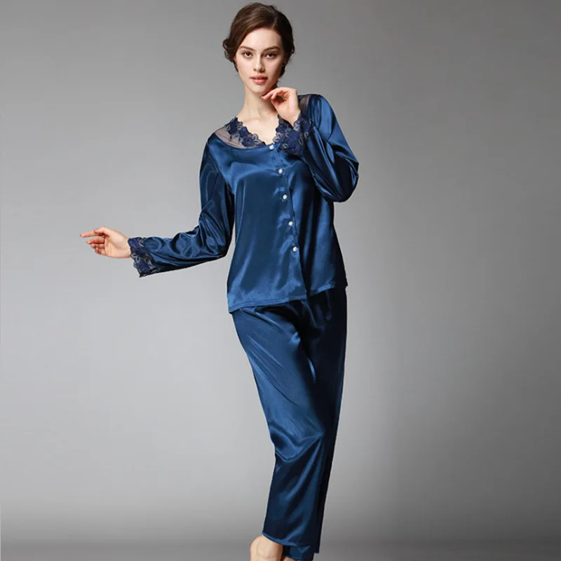 Sügis Naiste Pyjama Lahti Siid Pits Segast Pidžaama Komplekt Naistele Sleepwear Pikad Varrukad Pijamas Sobiks Mujeres Magada 1