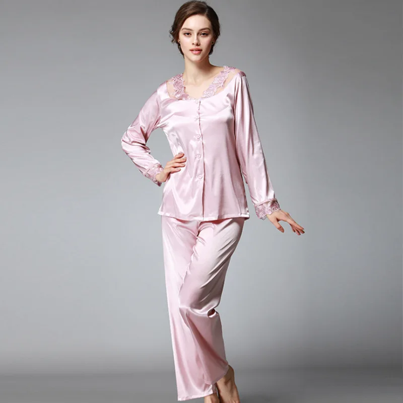 Sügis Naiste Pyjama Lahti Siid Pits Segast Pidžaama Komplekt Naistele Sleepwear Pikad Varrukad Pijamas Sobiks Mujeres Magada 3