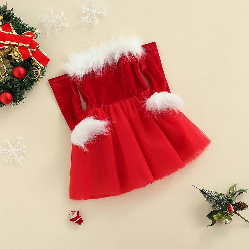 fyclemt Väikelapse Beebi Tüdrukud Velvet Jõulud Kleit Lapsed Pikad Varrukad Maha Õla Ruffle Santa Claus Kleit Xmas Printsess Kleit 2