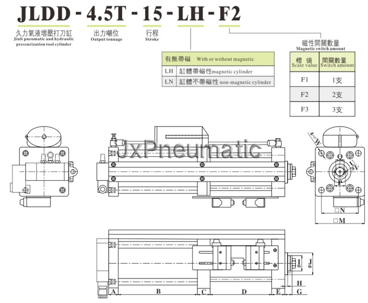 Silindri läbimõõt 63 Pneumaatilised Pressurization vahend silindri 3,5 T 4.5 T 6T suurendada stoke 15MM mängida Nuga silindri JLDD-3.5 T-15-LH-F2 5