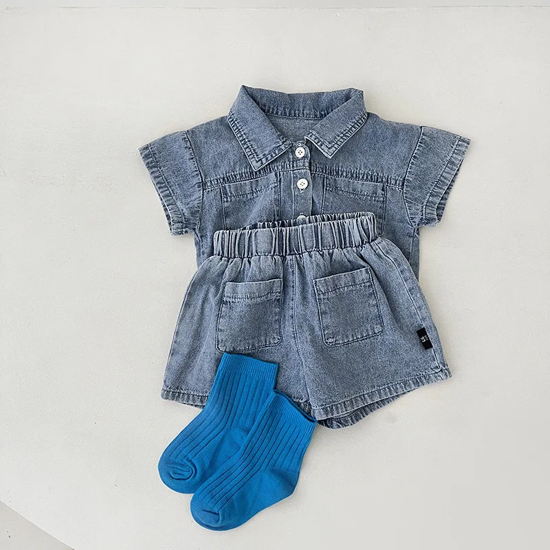 2022 Suvel Uus Baby Lühikesed Varrukad Denim Riiete Komplekt Solid Lapsed Denim Särgid + lühikesed Püksid 2tk Ülikond Poistele Tüdrukute Vabaaja Denim Varustus 2