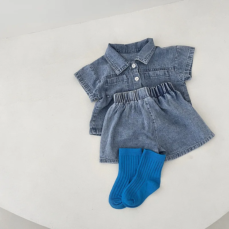 2022 Suvel Uus Baby Lühikesed Varrukad Denim Riiete Komplekt Solid Lapsed Denim Särgid + lühikesed Püksid 2tk Ülikond Poistele Tüdrukute Vabaaja Denim Varustus 5