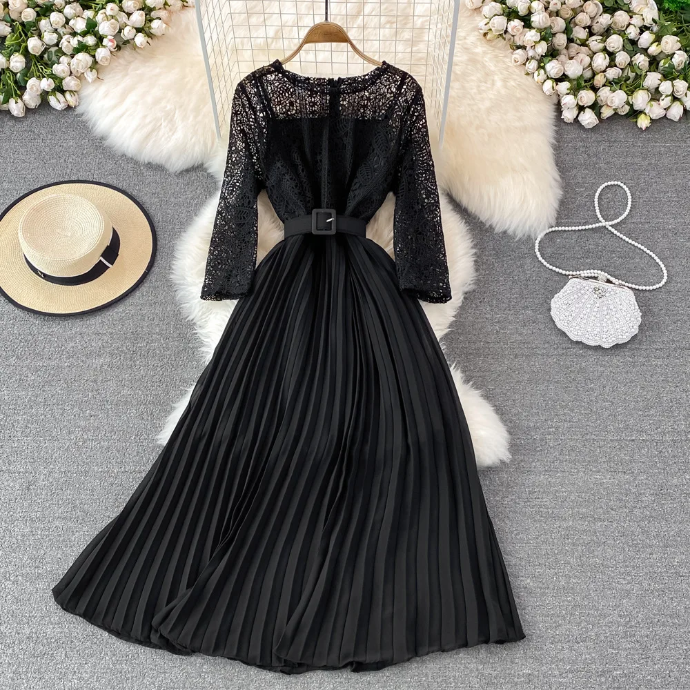 Elegantne kaeluse ümber pits õmblemine plisseeritud rasedus-kleit, Must 1