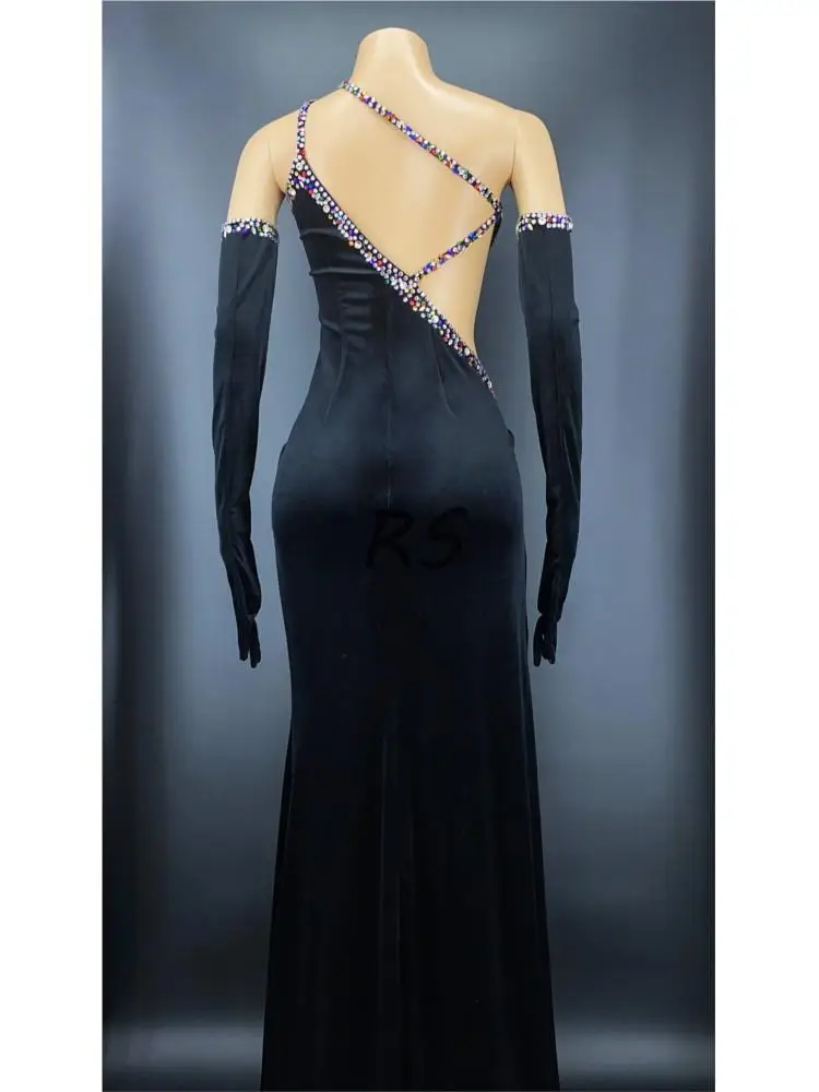 Rhinestone Naiste Sexy Black Velvet, Seest Õõnes Kõrge Split Pikk Kleit Ja Kindad Komplekt Laulja Etapp Kandma Kostüümi 1
