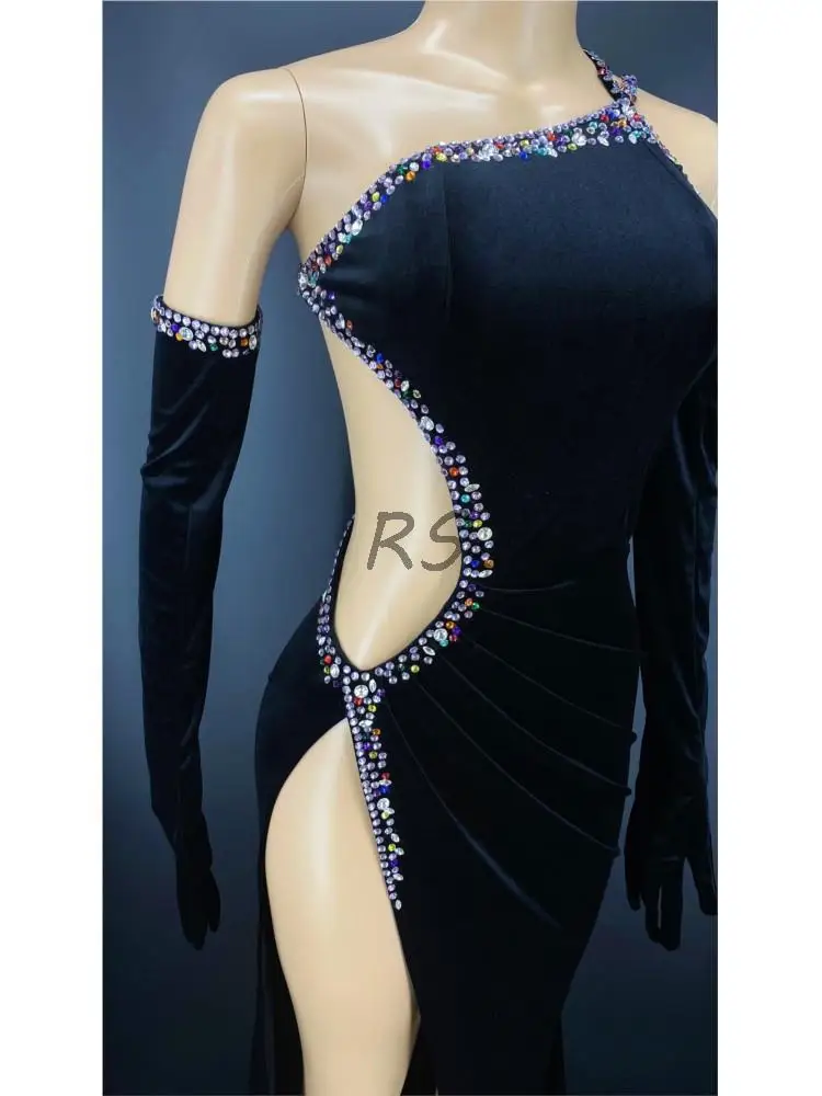 Rhinestone Naiste Sexy Black Velvet, Seest Õõnes Kõrge Split Pikk Kleit Ja Kindad Komplekt Laulja Etapp Kandma Kostüümi 3