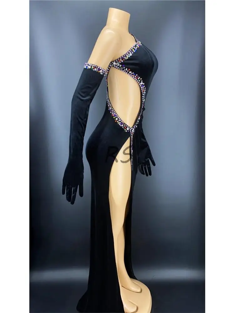 Rhinestone Naiste Sexy Black Velvet, Seest Õõnes Kõrge Split Pikk Kleit Ja Kindad Komplekt Laulja Etapp Kandma Kostüümi 4