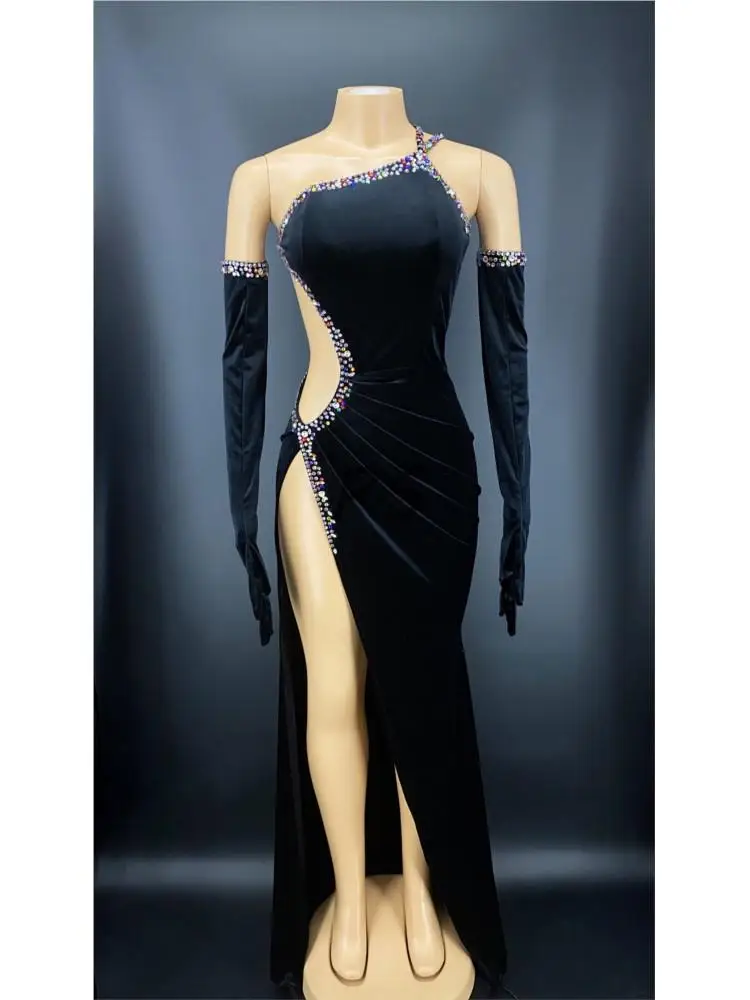 Rhinestone Naiste Sexy Black Velvet, Seest Õõnes Kõrge Split Pikk Kleit Ja Kindad Komplekt Laulja Etapp Kandma Kostüümi 5