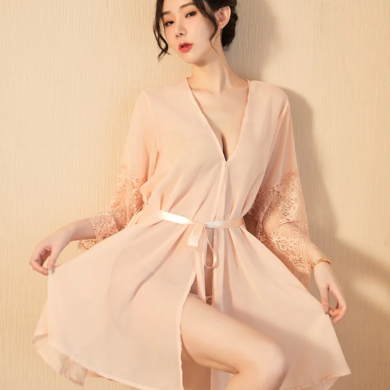 Riideid on Naiste Sexy Segast Pits V-kaeluse Poole Varruka Hommikumantel Sleepwear Põlve pikkusega Kleit Stiilne Kimono Läbipaistev Stiilne Naiselik 4