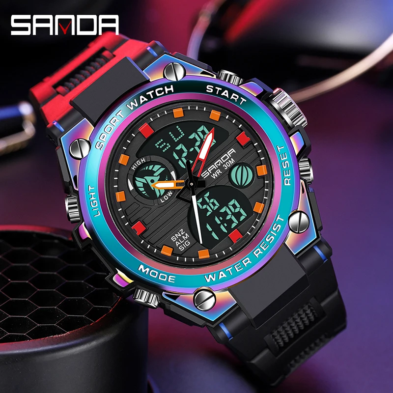 SANDA Luksus Värvikas Dual Display Quartz Watch Veekindel Sport Helendav Chronograph Multi-function Meeste Vaata Мужские часы 0