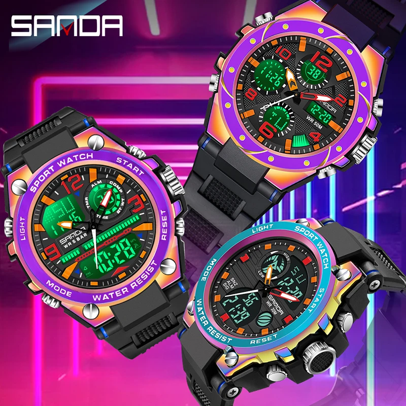 SANDA Luksus Värvikas Dual Display Quartz Watch Veekindel Sport Helendav Chronograph Multi-function Meeste Vaata Мужские часы 1