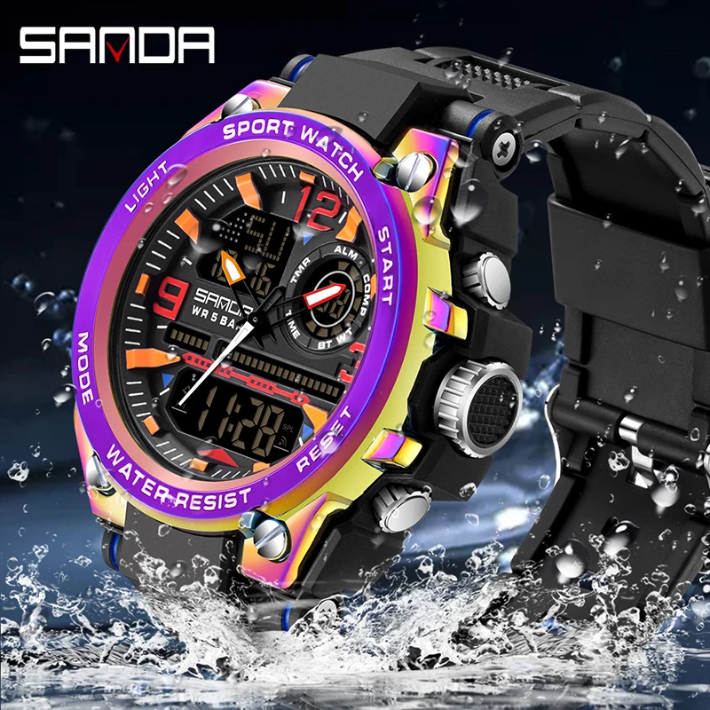 SANDA Luksus Värvikas Dual Display Quartz Watch Veekindel Sport Helendav Chronograph Multi-function Meeste Vaata Мужские часы 2