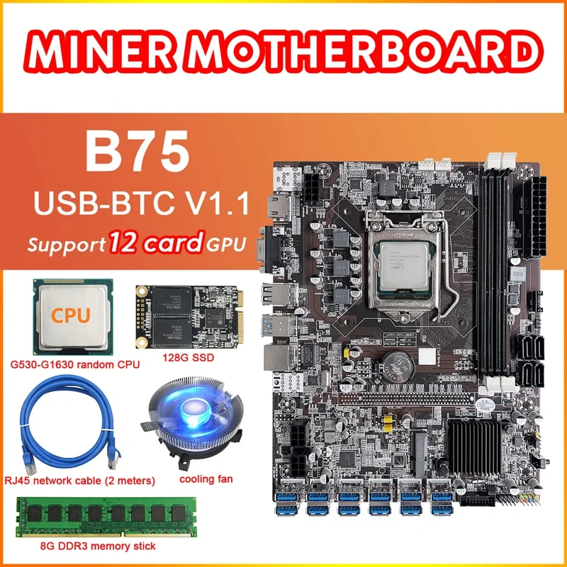 B75 12Card BTC Kaevandamine Emaplaadi+G530/G1630 CPU+Ventilaator+8G DDR3 RAM+128G SSD+RJ45 võrgukaabli 12USB3.0 LGA1155 DDR3 MSATA 0